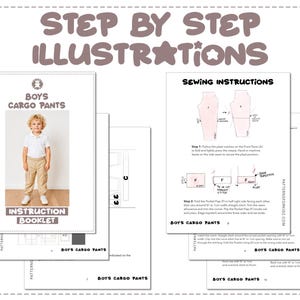 Boys Cargo Pants sewing pattern instruction booklet showing step by step illustrations to make the garment.