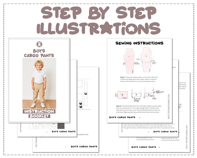 Boys Cargo Pants sewing pattern instruction booklet showing step by step illustrations to make the garment.