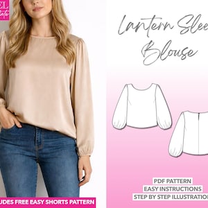 Naaipatroon voor een blouse met lantaarnmouwen, patroon voor een damestop (PDF), patroon voor een zijden blouse, patroon voor een blouse met ballonmouwen, blouse met bisschopsmouwen.