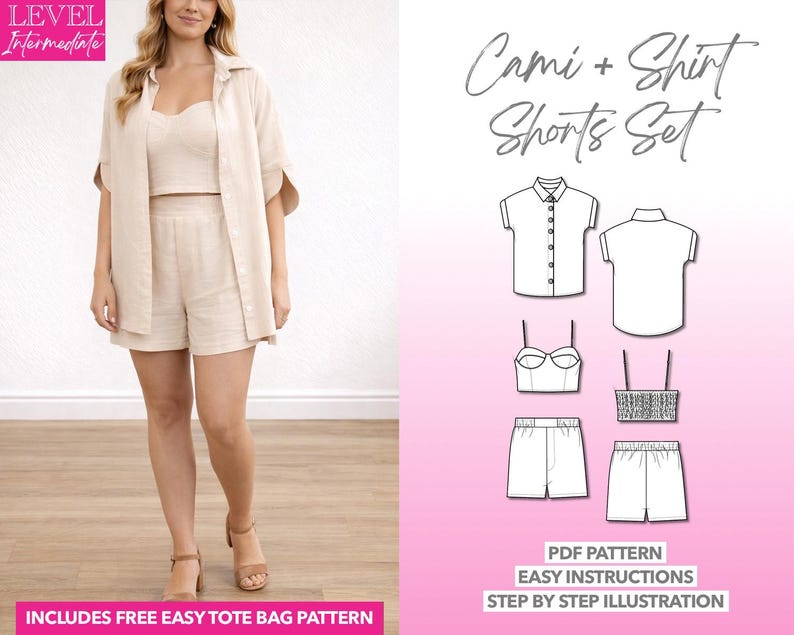 Crop Cami, Oversized Shirt, and Shorts Set pdf sewing pattern with easy instructions and step by step illustrations.
