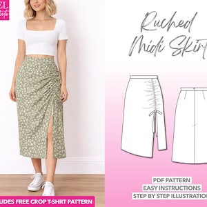 Patrón de costura para falda midi fruncida con cordón (descarga en PDF, tallas XS-XXXL)