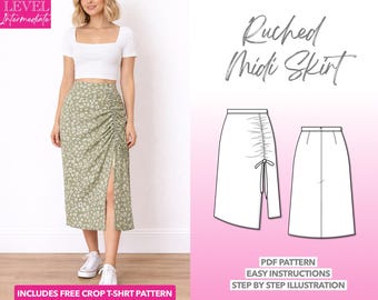 Ruched Drawstring Midi Skirt Sewing Pattern (PDF Download, XS-XXXL)