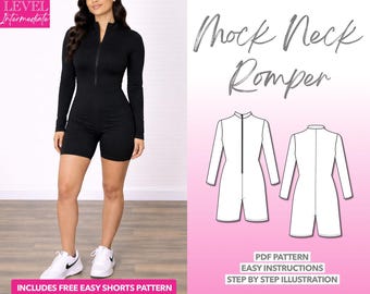 Mock Neck Unitard Romper Sewing Pattern: Women's Jumpsuit (PDF Pattern XS-XXXL)