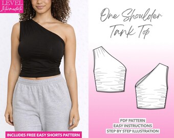 Modello di top monospalla, modello di top arricciato, modello di canotta corta, modello di cucito per maglieria, modello di crop top, camicia asimmetrica, spalla scoperta
