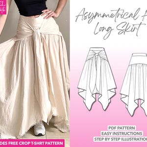 Boho Tie Front Skirt Sewing Pattern: Asymmetrical Hem (PDF Pattern XS-XXXL)