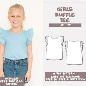 Patrón de costura para camiseta infantil Patrón de camiseta para niñas en PDF Patrón de camiseta con volantes Patrón de costura fácil para principiantes Patrón infantil