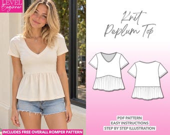 May include: A cream-colored short-sleeve peplum top with a V-neckline, shown on a model and as a technical line drawing. The image includes the text Knit Peplum Top, PDF Pattern, Easy Instructions, and Step By Step Illustration.