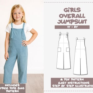 Patrón de costura de mono para niña: Peto para niña (Descarga PDF, tallas 1 a 8 años) + Bolsa de regalo