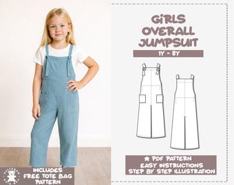 Girls Jumpsuit Sewing Pattern: Kids Dungaree Overalls (PDF Download 1Y-8Y) + Bonus Tote Bag