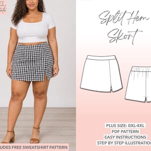 May include: A woman wearing a white crop top and a black and white checkered split hem skirt. The image also includes a line drawing of the skirt and shorts, and text that reads "Split Hem Skort". The text also says "Includes Free Sweatshirt Pattern".