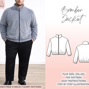 Mönster för bomberjacka i plusstorlek för män (PDF-nedladdning, 2XL-6XL)
