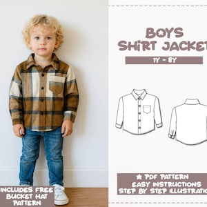男の子用シャツジャケットの縫製パターン：サイズ1Y～8Y（PDFパターン）