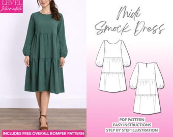 Midi Smock Dress Sewing Pattern: XS-XXXL (PDF Pattern) + Bonus Romper