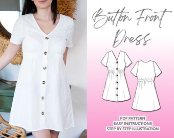 Button Front Dress Sewing Pattern Mini Dress Pattern Women Dress Sewing Pattern Button-Down Dress Pattern Short Sleeve PDF Sewing Pattern