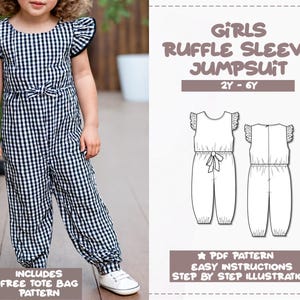 Girls Jumpsuit Sewing Pattern 2Y-6Y Girls Ruffle Sleeve Jumpsuit Sewing Pattern Kids PDF Pattern Toddler Girls Overall Sewing Pattern Easy