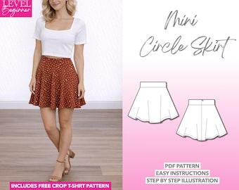 Patron de couture mini jupe circulaire taille haute : PDF facile (XS-XXXL) + haut court en prime