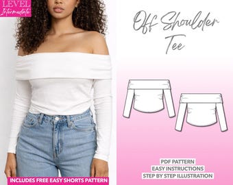 Off Shoulder Tee Sewing Pattern Knit Top PDF Off-The-Shoulder Top Women Top Pattern Knit Sewing Pattern Sweater Top Easy Bare-Shoulder Top