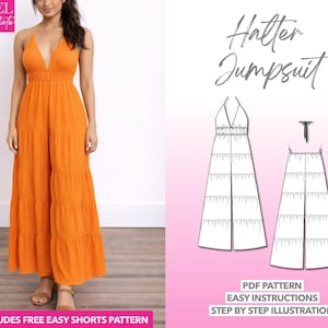 Halter Jumpsuit Sewing Pattern: Tiered Open Back (PDF Download XS-XXXL)