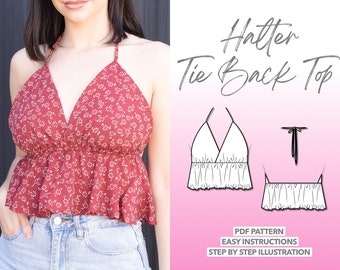Top Sewing Pattern Halter Top PDF Pattern Crop Top Cute Summer Top Pattern Easy Sewing Pattern Open Back Top Tie Back Top