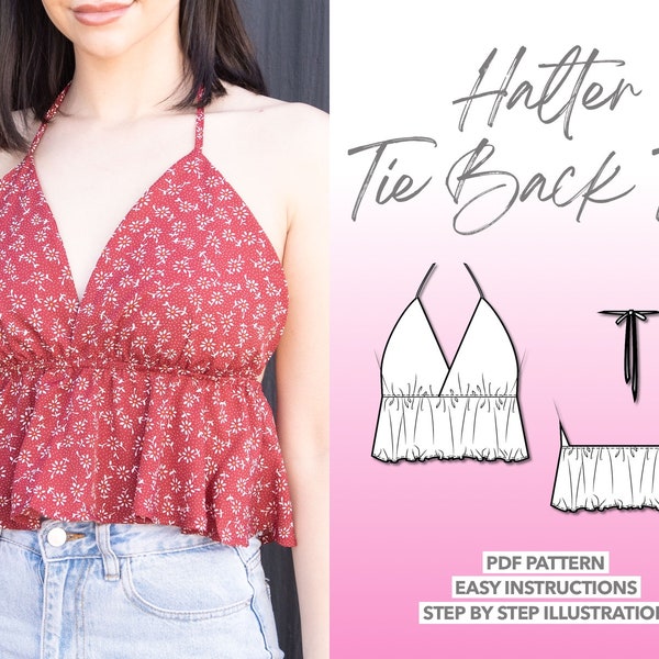 Top Sewing Pattern Halter Top PDF Pattern Crop Top Cute Summer Top Pattern Easy Sewing Pattern Open Back Top Tie Back Top