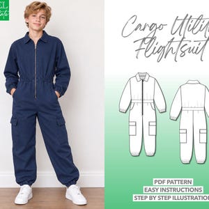 May include: A navy blue cargo utility flightsuit with a front zipper, collar, elasticized waist, and cuffed ankles. The image includes text reading Level Intermediate, Cargo Utility Flightsuit, PDF Pattern, Easy Instructions, Step By Step Illustration.