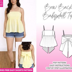 Mönster för sömnad av babydoll med rosett baktill: Enkel PDF (XS-XXXL) + Bonusmönster för shorts