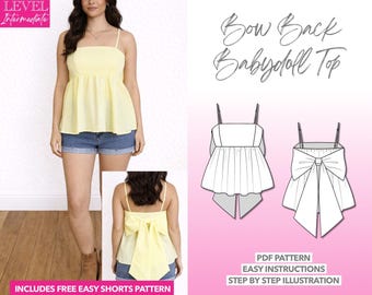 Modello di cucito per top babydoll con fiocco sulla schiena: PDF facile (XS-XXXL) + modello bonus per pantaloncini