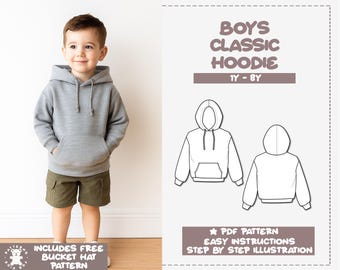 Boys Drop Shoulder Hoodie Sewing Pattern: Kids Sweatshirt PDF (1Y-8Y) + Bonus Hat