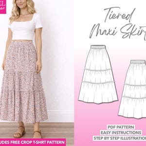 Patrón de costura para falda larga con volantes escalonados (patrón PDF para tallas XS-XXXL)