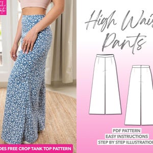 High Waist Pants Sewing Pattern Wide Leg Pants Pattern Women Pants Sewing Pattern Summer Pants PDF Pattern Vintage Pants Pattern Easy PDF