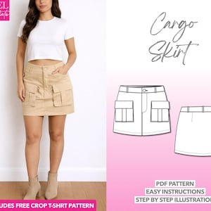 Modello di cucito per minigonna cargo, design con tasca a patta (modello PDF)