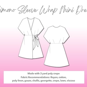 Illustration and detailed description for Kimono Sleeve Wrap Mini Dress sewing pattern.