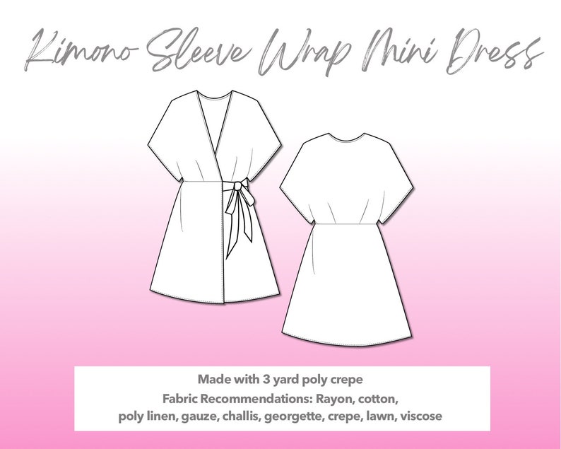 Illustration and detailed description for Kimono Sleeve Wrap Mini Dress sewing pattern.