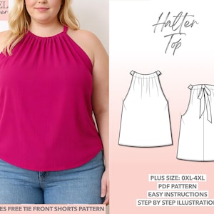 Patrón de talla grande para top halter Patrón de costura para blusa Patrón de top para mujer Patrón de ropa de talla grande para mujeres con curvas Patrón fácil en PDF
