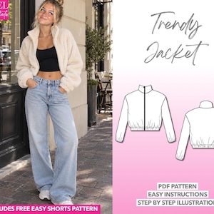 Patrón de costura de chaqueta bomber Patrón de chaqueta corta fácil Chaqueta con cremallera PDF Chaqueta de moda Patrón de chaqueta con cintura elástica Chaqueta con puños elásticos