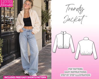 Bomber Jacket Sewing Pattern Easy Crop Jacket Pattern Zip-Up Jacket PDF Trendy Jacket Elasticized Waist Jacket Pattern Elastic Cuff Jacket