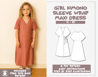 Maxi-jurk met overslag en kimonomouwen voor meisjes Naaipatroon (1Y-8Y) (pdf-patroon)