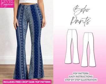 Patrón de costura para pantalones bohemios Patrón de pantalones acampanados Patrón de leggings Patrón de pantalones elásticos Patrón de pantalones de punto para ejercicio PDF Pantalones de yoga Pantalones de punto fáciles