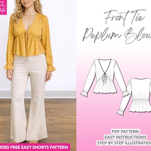 Patrón de costura de blusa peplum: Top bohemio con lazo delantero (patrón PDF para tallas XS-XXXL) Pantalones cortos extra