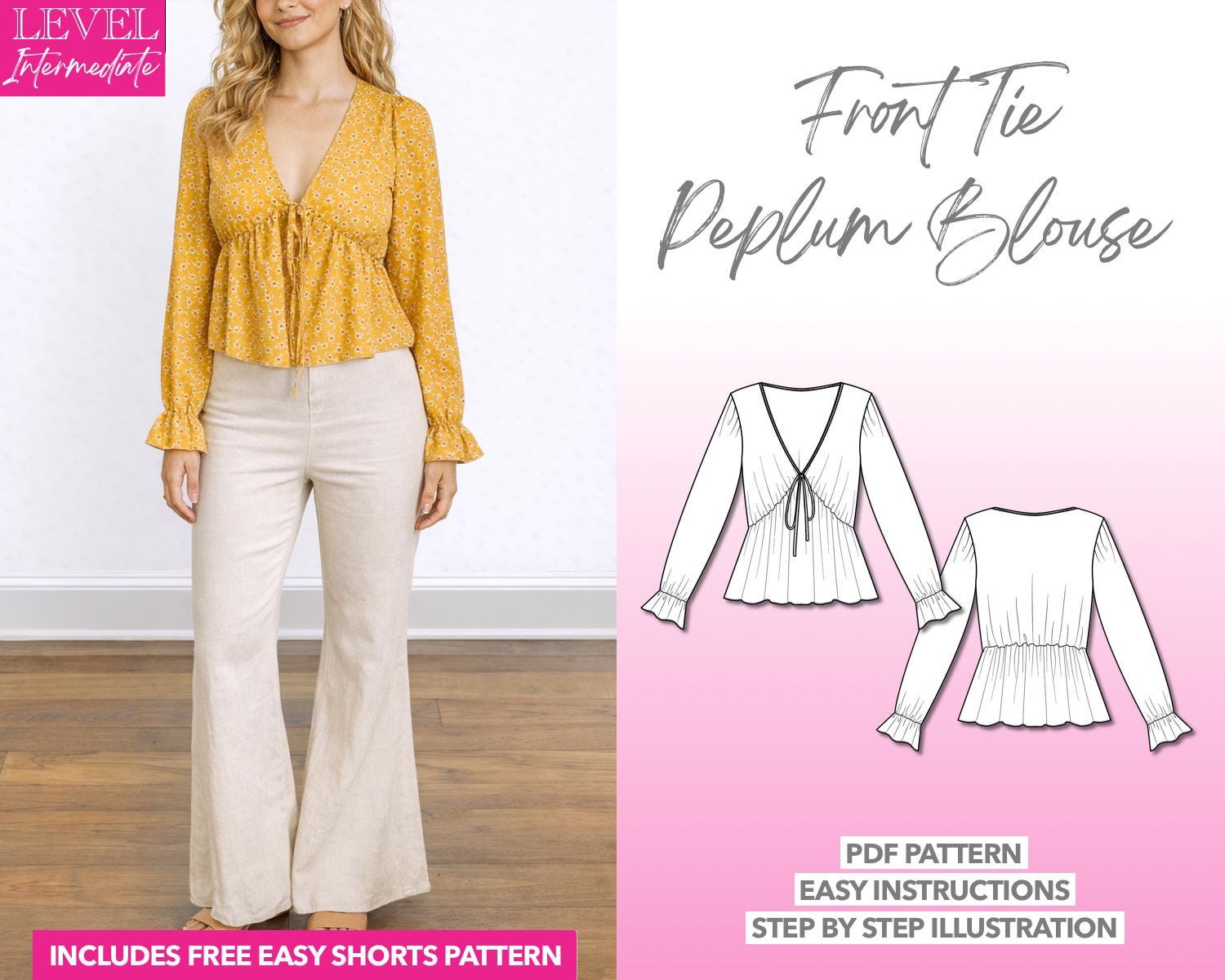 Peplum Blouse Sewing Pattern: Front Tie Boho Top (PDF Pattern XS