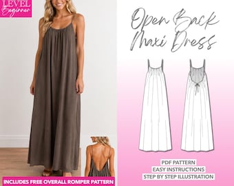 Patrón de costura en PDF para vestido largo con espalda descubierta y cordón ajustable (XS–3XL)