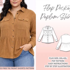 Cartamodello per camicia peplum taglie forti, camicia con tasche a patta, camicia con spalle scese in formato PDF, camicia con colletto taglie curvy, camicia button-down per donne di taglia forte