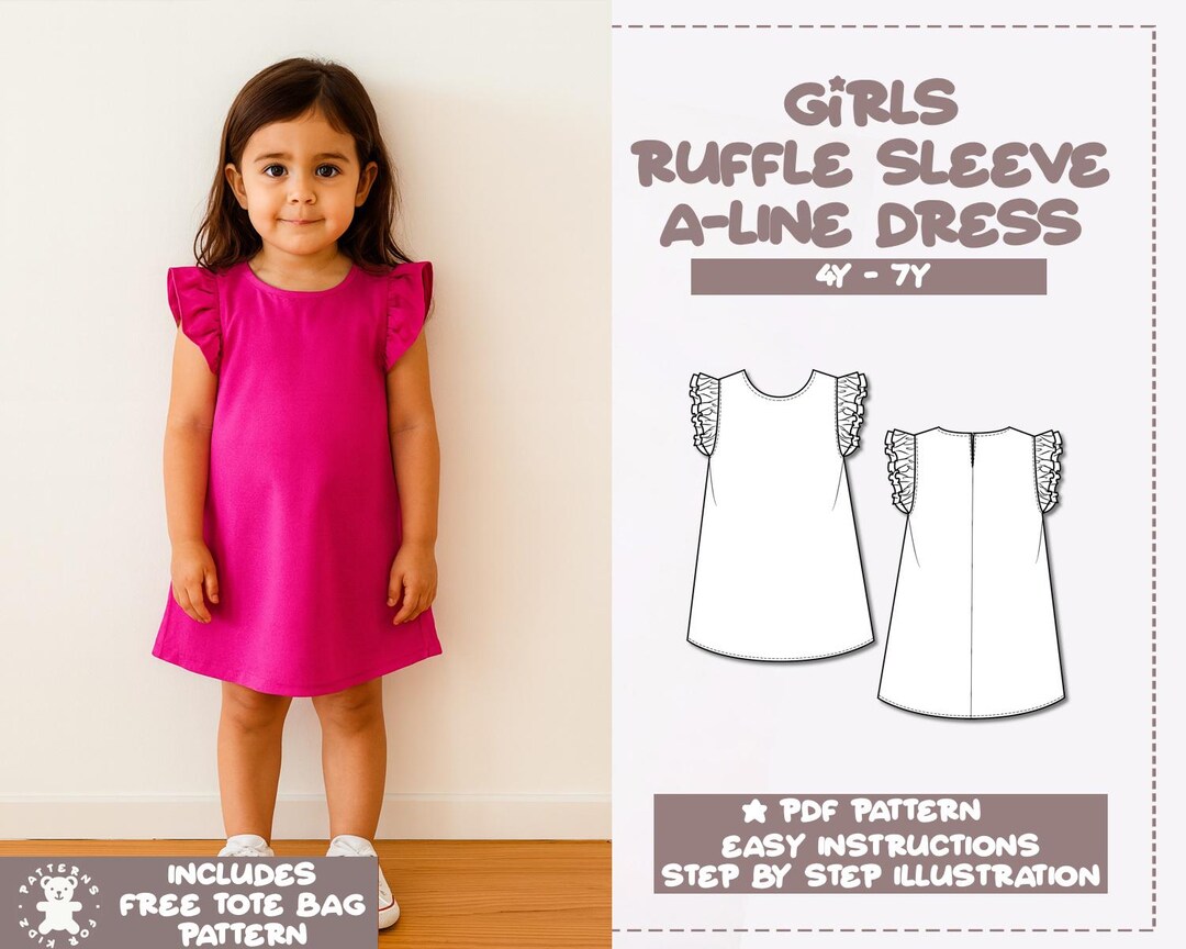 children's a line dress pattern free Girls Ruffle Sleeve A-line Sewing (PDF Pattern) filter_color:PINK Homecoming Dresses 2023 Prom SIZE:IT 38