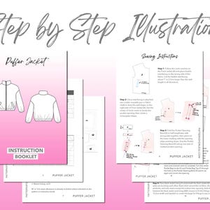 Puffer Jacket sewing pattern instruction booklet showing step by step illustrations to make the garment.