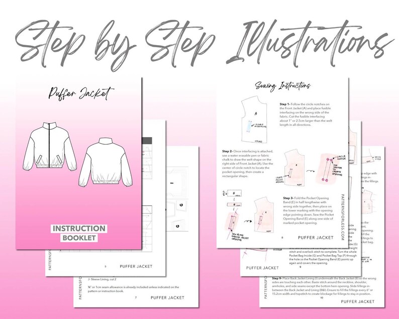 Puffer Jacket sewing pattern instruction booklet showing step by step illustrations to make the garment.