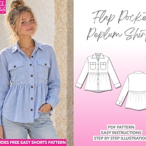 May include: A light blue long-sleeve button-down shirt with a peplum waist and two chest flap pockets. The image includes text reading Level Intermediate, Flap Pocket Peplum Shirt, PDF Pattern, Easy Instructions, Step By Step Illustration.