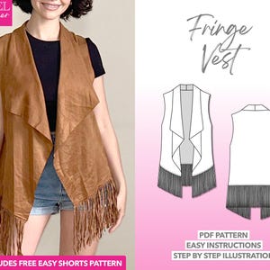 Vest Sewing Pattern Fringe Vest Pattern Open Front Vest PDF Pattern Women Sewing Pattern Outerwear Pattern Jacket Sewing Pattern PDF Vest