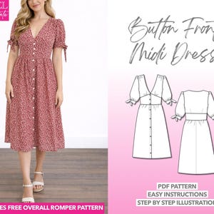 タイスリーブミディドレスの縫製パターン：ボタンフロント（PDFパターンXS-XXXL）