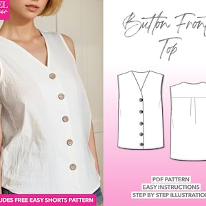 Patrón de costura para blusa sin mangas con botones delanteros: Blusa de lino para mujer (patrón PDF, tallas XS-XXXL)