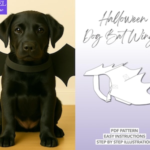 May include: A black Labrador puppy wearing black bat wings and a collar. The image includes the text "Halloween Dog Bat Wings" and a pattern for the wings with instructions. The text "Level Beginner" is in the upper left corner.